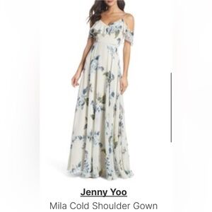 Jenny Yoo Mika cold shoulder evening gown in off white with blue floral print